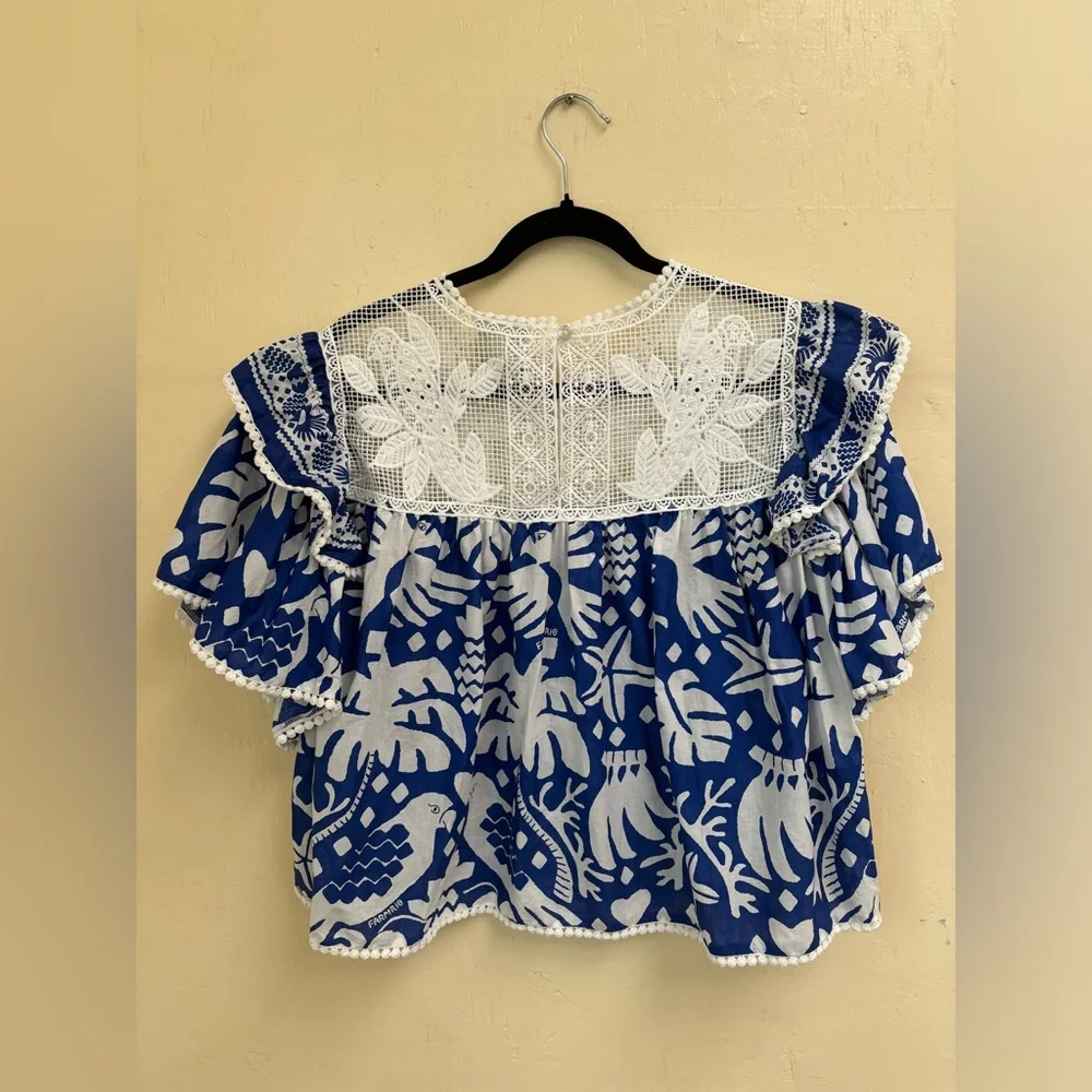 FARM RIO Navy Blue Jungle Scarf Lace Ruffle Sleeve Blouse - Picture 12 of 16